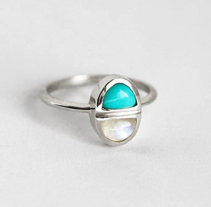 Half Moon Turquoise and Half Moon Moonstone Ring