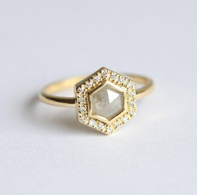 Hexagon Salt & Pepper Diamond, Rose Gold Ring with Side Round White Diamonds