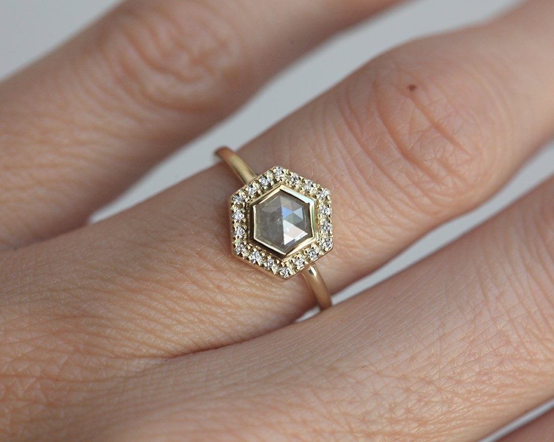 Hexagon Salt & Pepper Diamond, Platinum Ring with Side Round White Diamonds