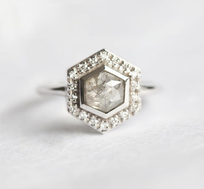 Hexagon Salt & Pepper Diamond Ring with Side Round White Diamonds