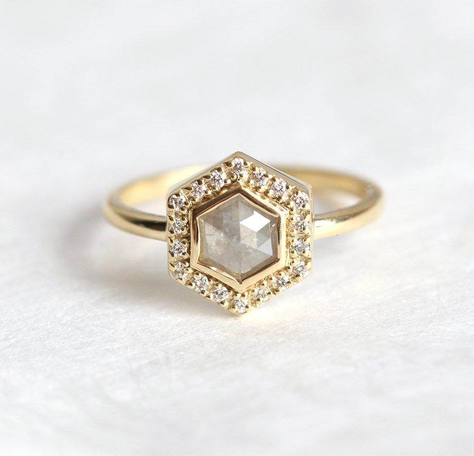 Hexagon Salt & Pepper Diamond, Yellow Gold Ring with Side Round White Diamonds