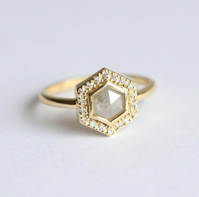 Hexagon Salt & Pepper Diamond Ring with Side Round White Diamonds