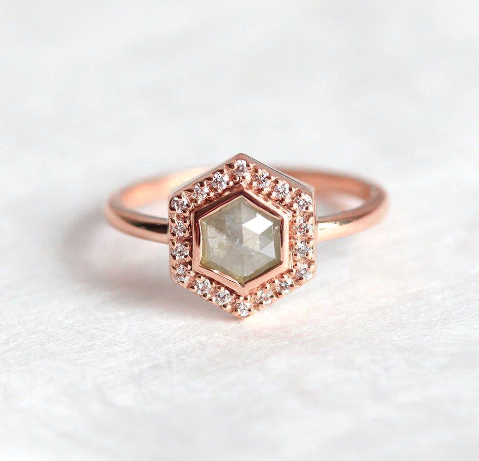 Hexagon Salt & Pepper Diamond, Rose Gold Ring with Side Round White Diamonds