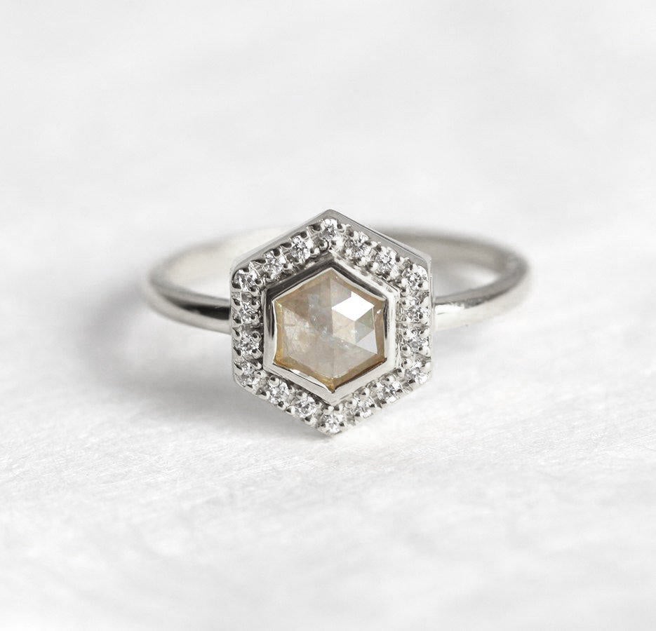 Hexagon Salt & Pepper Diamond, Platinum Ring with Side Round White Diamonds