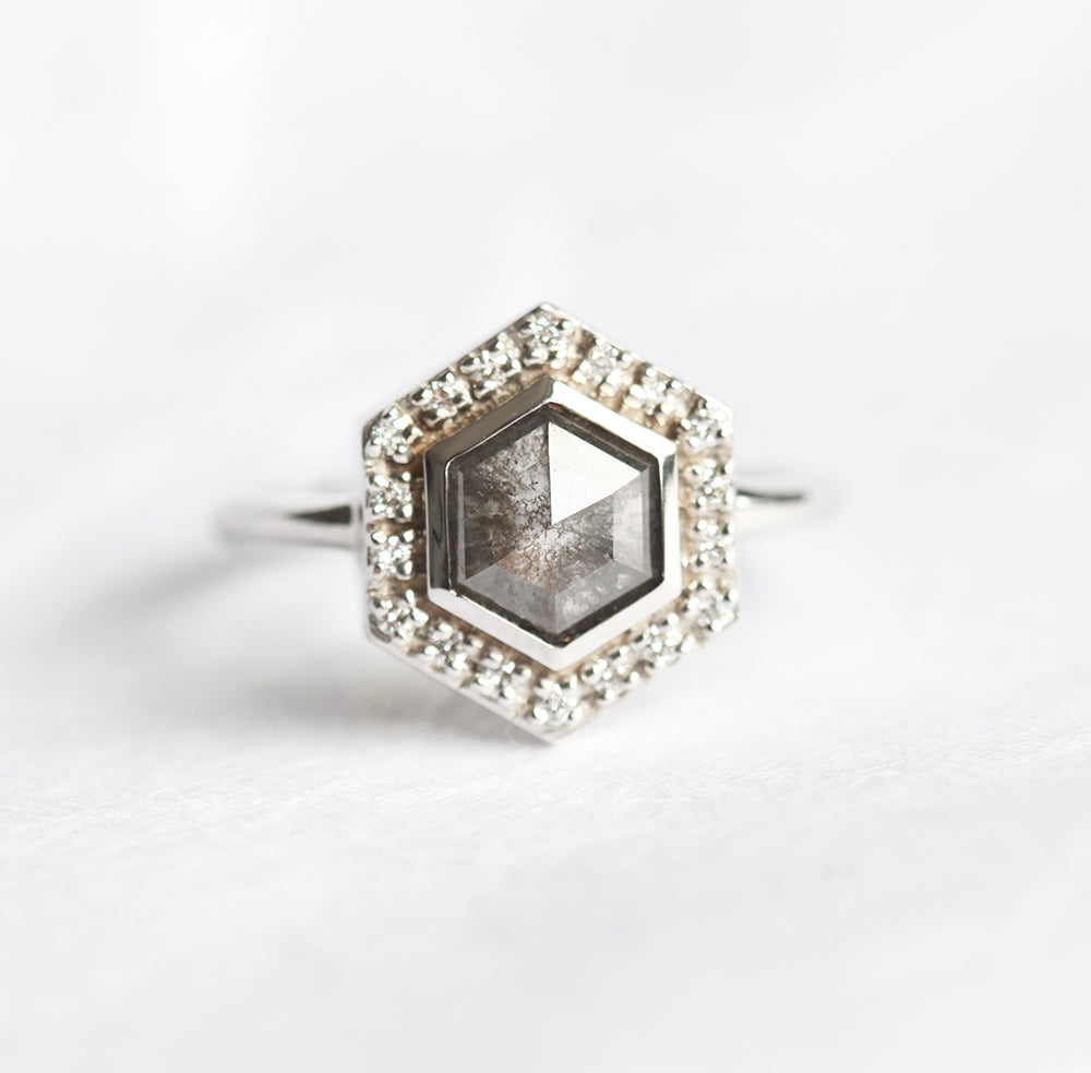 Hexagon Salt & Pepper Diamond Ring with Side Round White Diamonds