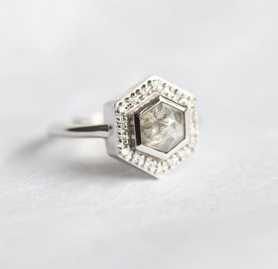 Hexagon Salt & Pepper Diamond Ring with Side Round White Diamonds