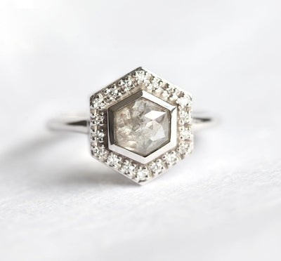 Hexagon Salt & Pepper Diamond Ring with Side Round White Diamonds