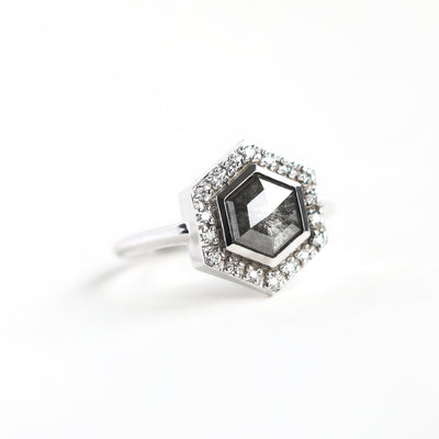 Hexagon Salt & Pepper Diamond Ring with Side Round White Diamonds