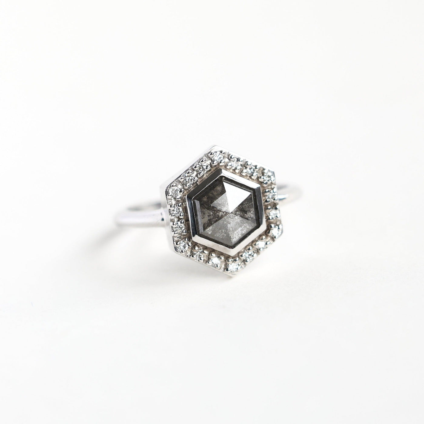 Hexagon Salt & Pepper Diamond Ring with Side Round White Diamonds