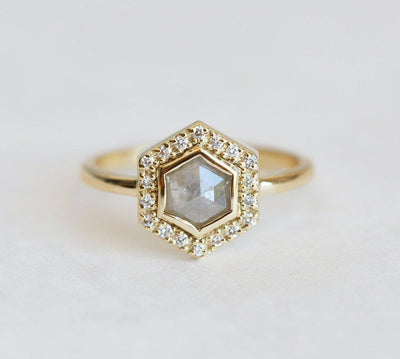 Hexagon Salt & Pepper Diamond Ring with Side Round White Diamonds