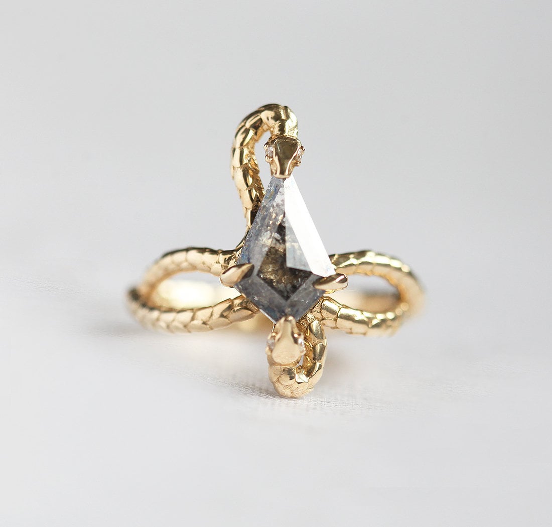 Kite Salt & Pepper Diamond Ring with Unique Gold Snake Band