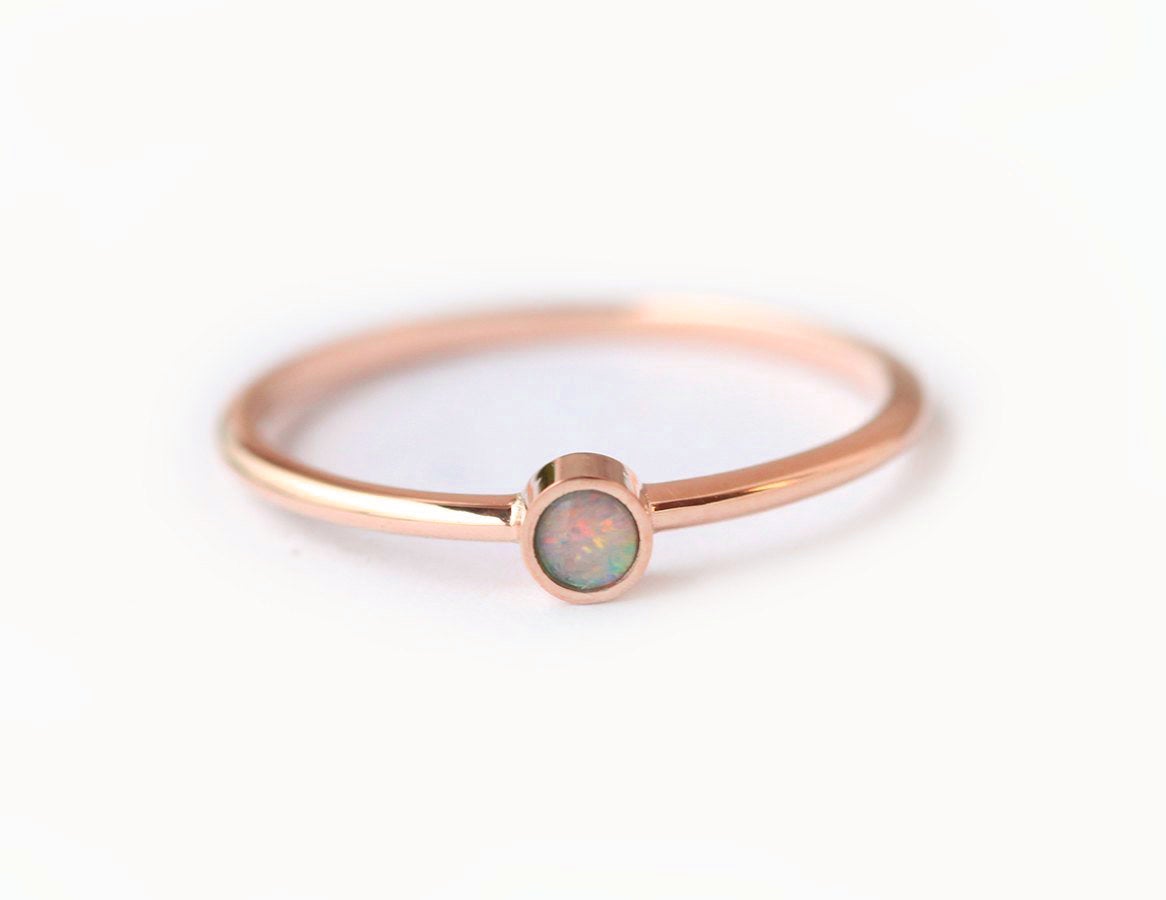 Simplistic Round White Opal Rose Gold Solitaire Ring