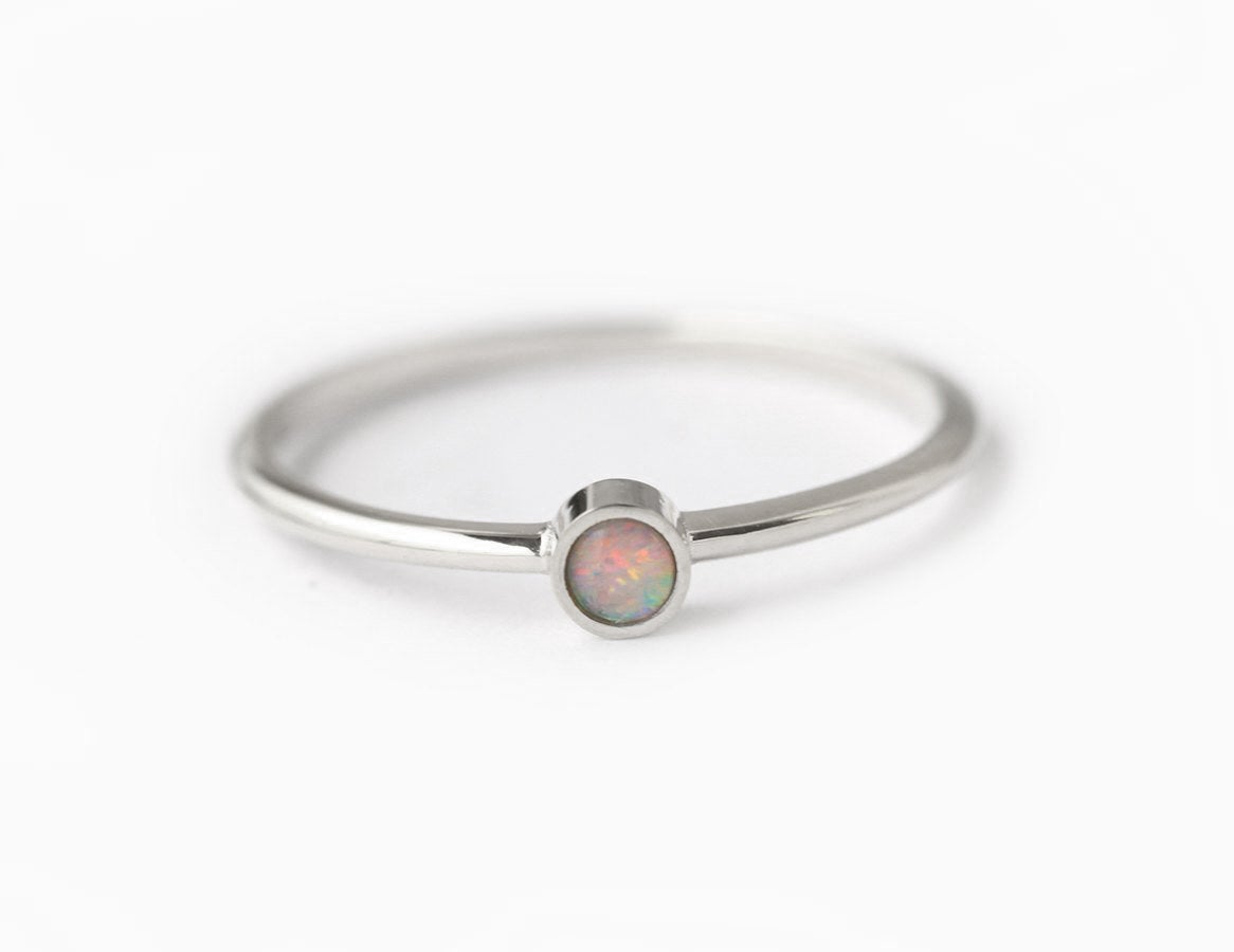 Simplistic Round White Opal White Gold Solitaire Ring