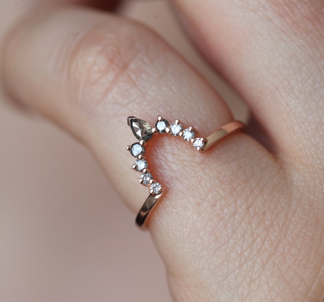 Pear Salt & Pepper Diamond Wedding Ring With Side White, Gray and Salt & Pepper Diamonds