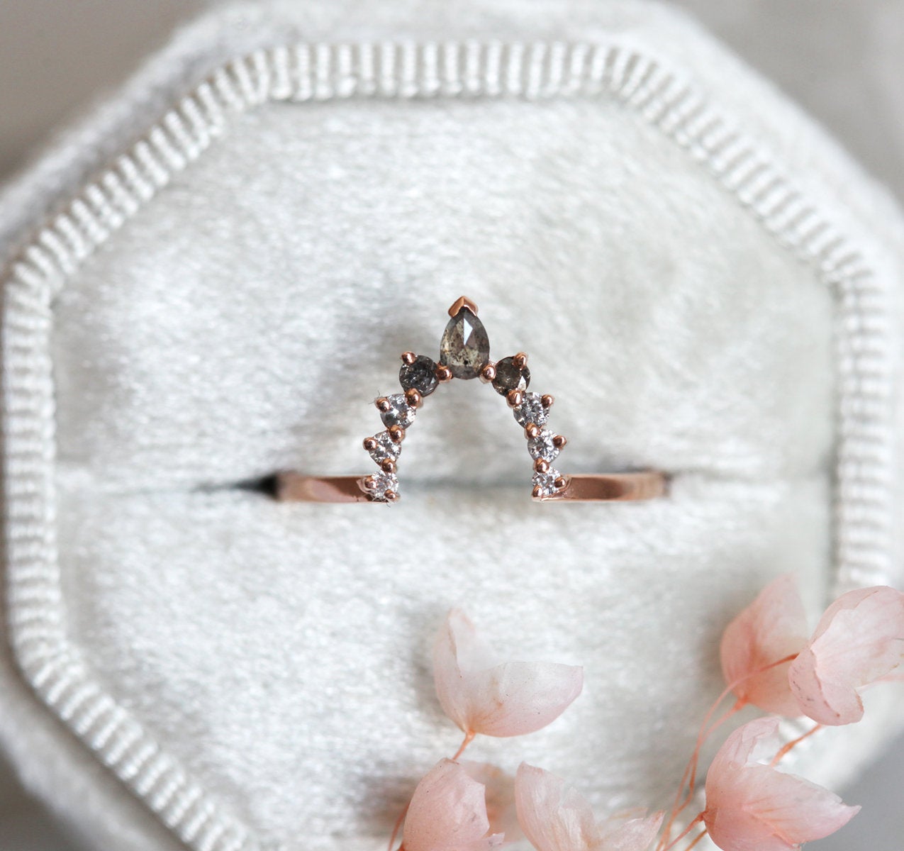 Pear Salt & Pepper Diamond Wedding Ring With Side White, Gray and Salt & Pepper Diamonds