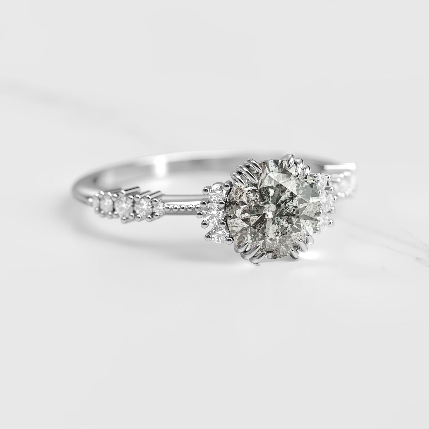 Round Salt & Pepper Diamond Cluster Ring with Side Round White Natural Diamonds