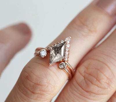 Gray Kite Salt & Pepper Diamond Engagement Ring Set with Side Round and Pear-Cut White Diamonds