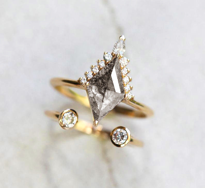 Gray Kite Salt & Pepper Diamond Engagement Ring Set with Side Round and Pear-Cut White Diamonds, Yellow Gold