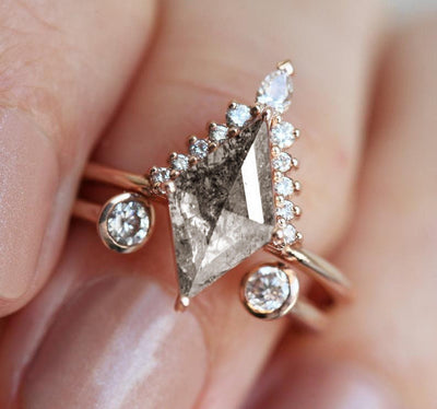 Gray Kite Salt & Pepper Diamond Engagement Ring Set with Side Round and Pear-Cut White Diamonds