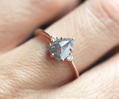 Pear Salt & Pepper Diamond Ring with 2 Side Round White Diamonds
