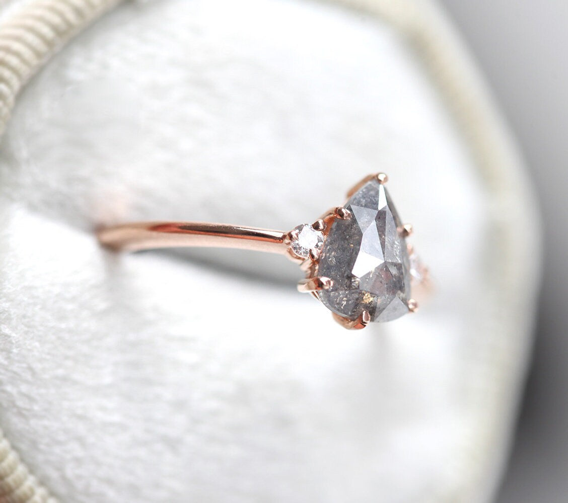 Pear Salt & Pepper Diamond Ring with 2 Side Round White Diamonds