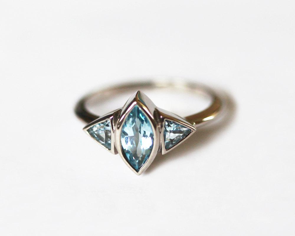 Marquise-Cut Aquamarine Engagement Ring with 2 Trillion Side Aquamarine Stones