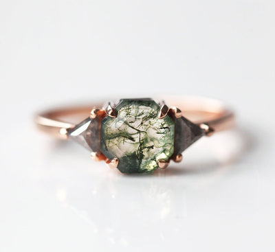 Octagon Moss Agate Ring with 2 Side Triangle-Cut Salt & Pepper Diamonds