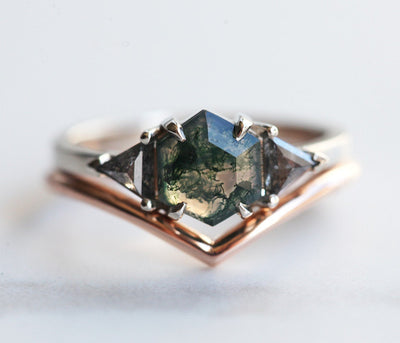 Octagon Moss Agate Ring with 2 Side Triangle-Cut Salt & Pepper Diamonds