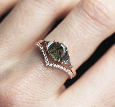 Octagon Moss Agate Ring with 2 Side Triangle-Cut Salt & Pepper Diamonds