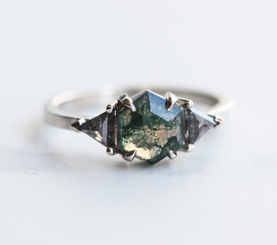 Octagon Moss Agate Ring with 2 Side Triangle-Cut Salt & Pepper Diamonds