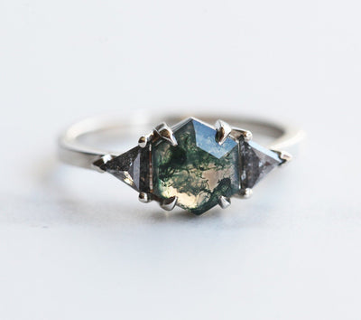 Octagon Moss Agate Ring with 2 Side Triangle-Cut Salt & Pepper Diamonds