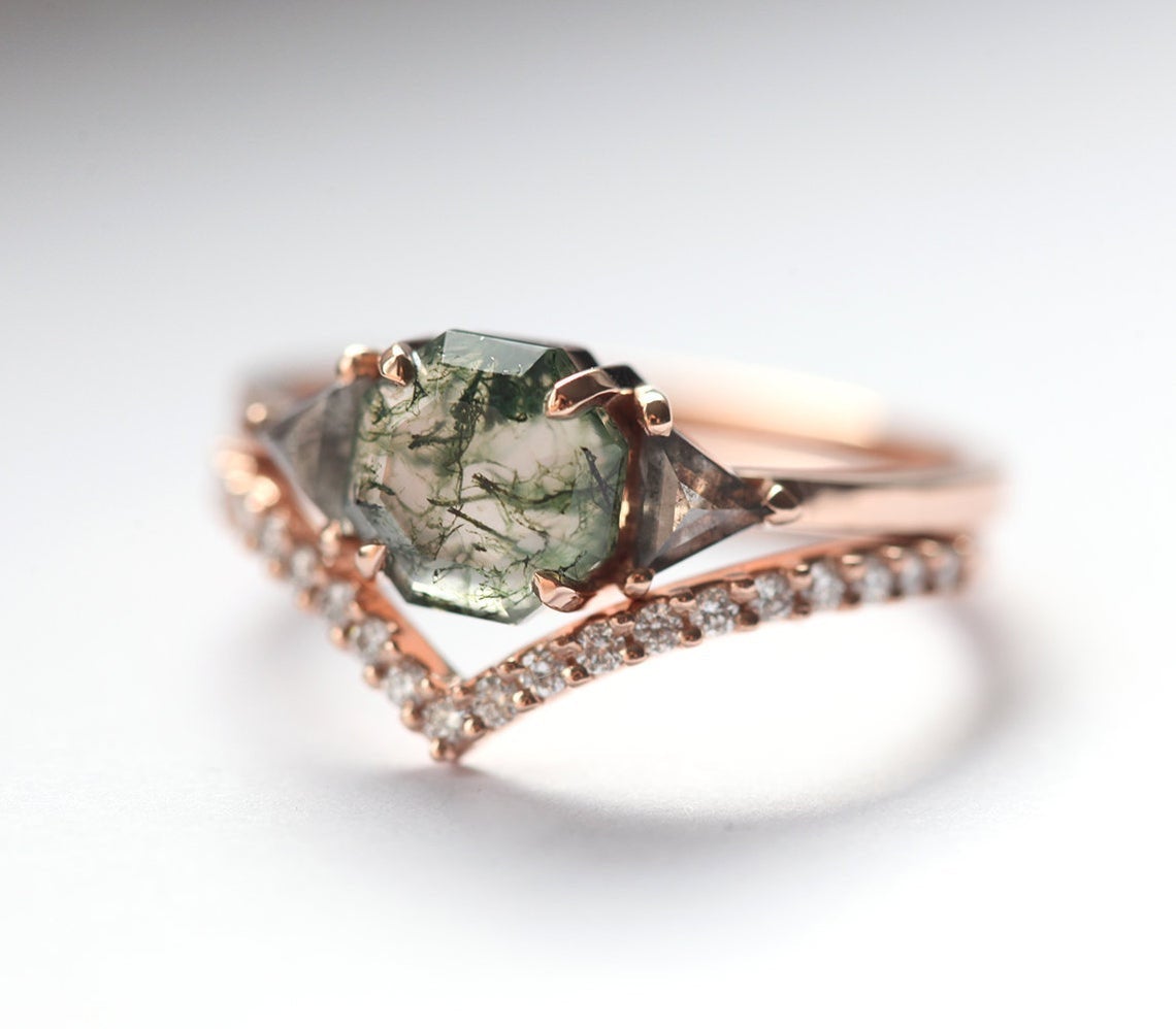 Octagon Moss Agate Ring with 2 Side Triangle-Cut Salt & Pepper Diamonds