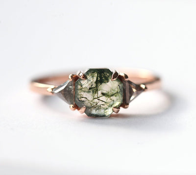 Octagon Moss Agate Ring with 2 Side Triangle-Cut Salt & Pepper Diamonds