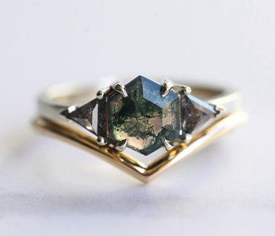 Octagon Moss Agate Ring with 2 Side Triangle-Cut Salt & Pepper Diamonds