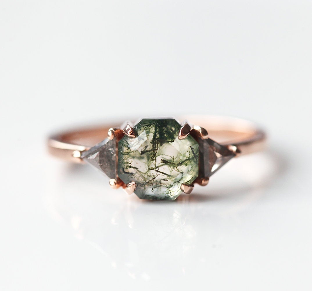 Octagon Moss Agate Ring with 2 Side Triangle-Cut Salt & Pepper Diamonds