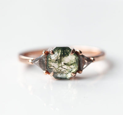 Octagon Moss Agate Ring with 2 Side Triangle-Cut Salt & Pepper Diamonds
