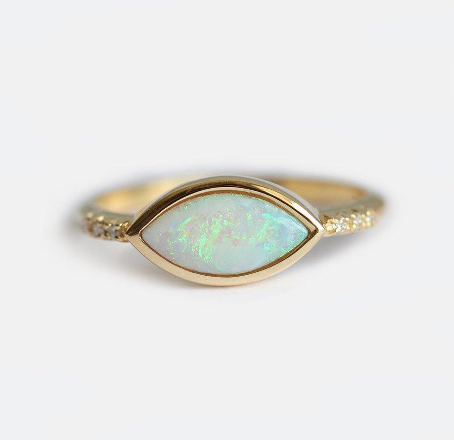 Marquise-Cut White Opal Ring with Accent White Round Diamonds