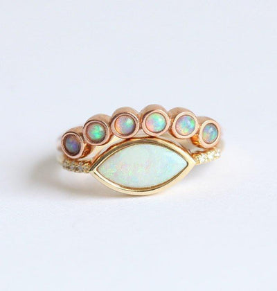 Marquise-Cut White Opal Ring with Accent White Round Diamonds and Crown Ring