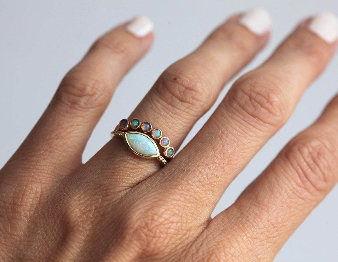 Marquise-Cut White Opal Ring with Accent White Round Diamonds and Crown Ring