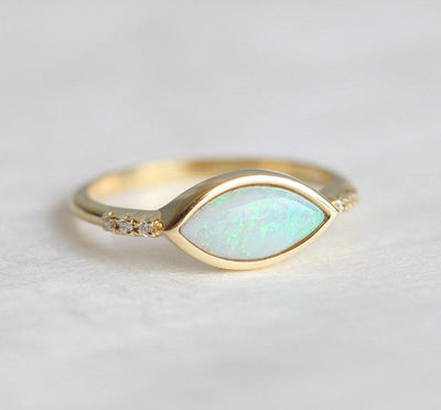 Marquise-Cut White Opal Ring with Accent White Round Diamonds