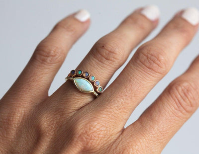 Marquise-Cut White Opal Ring Set with Accent White Round Diamonds and Crown Opal Ring