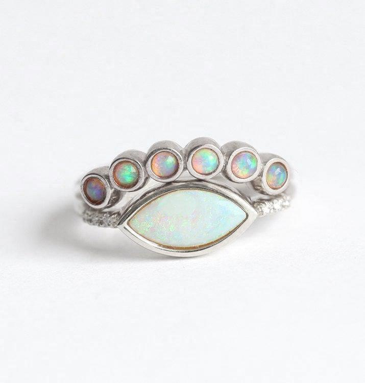 Marquise-Cut White Opal Ring Set with Accent White Round Diamonds and Crown Opal Ring