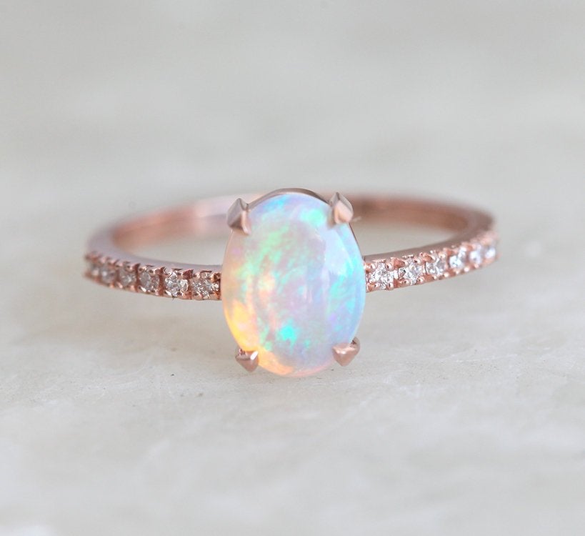 Oval Australian Opal Ring with Pave Diamonds