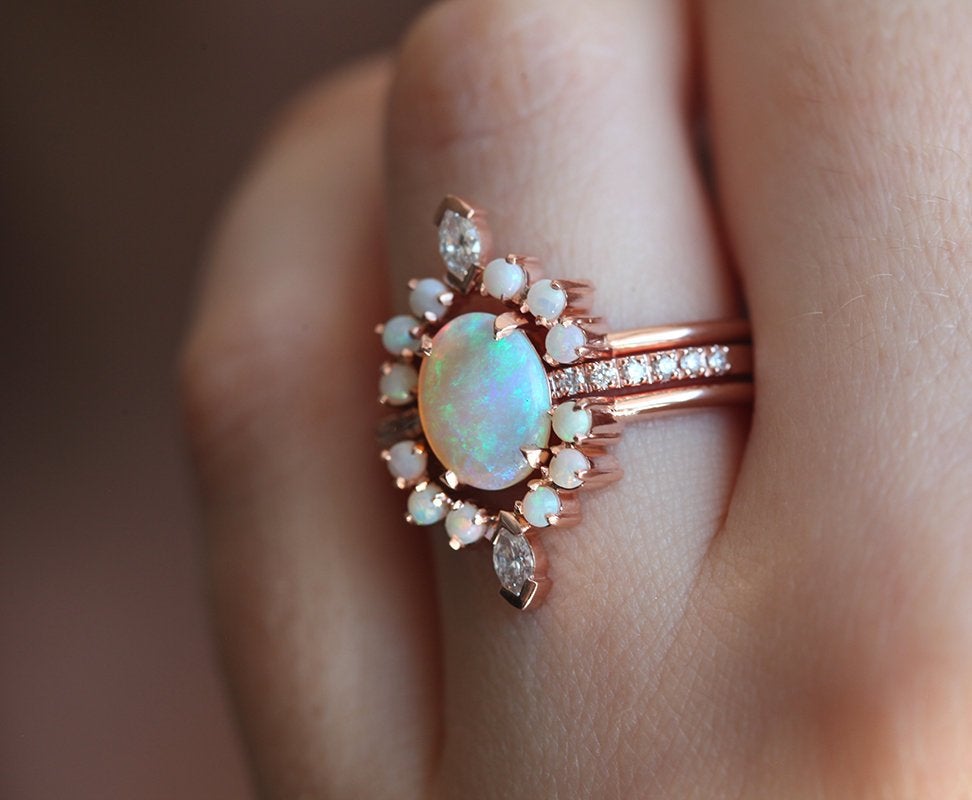 Oval Australian Opal Ring Surrounded with Opal Gemstones, with Pave Diamonds and Marquise-Cut White Diamonds