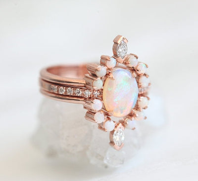 Oval Australian Opal Ring Surrounded with Opal Gemstones, with Pave Diamonds and Marquise-Cut White Diamonds