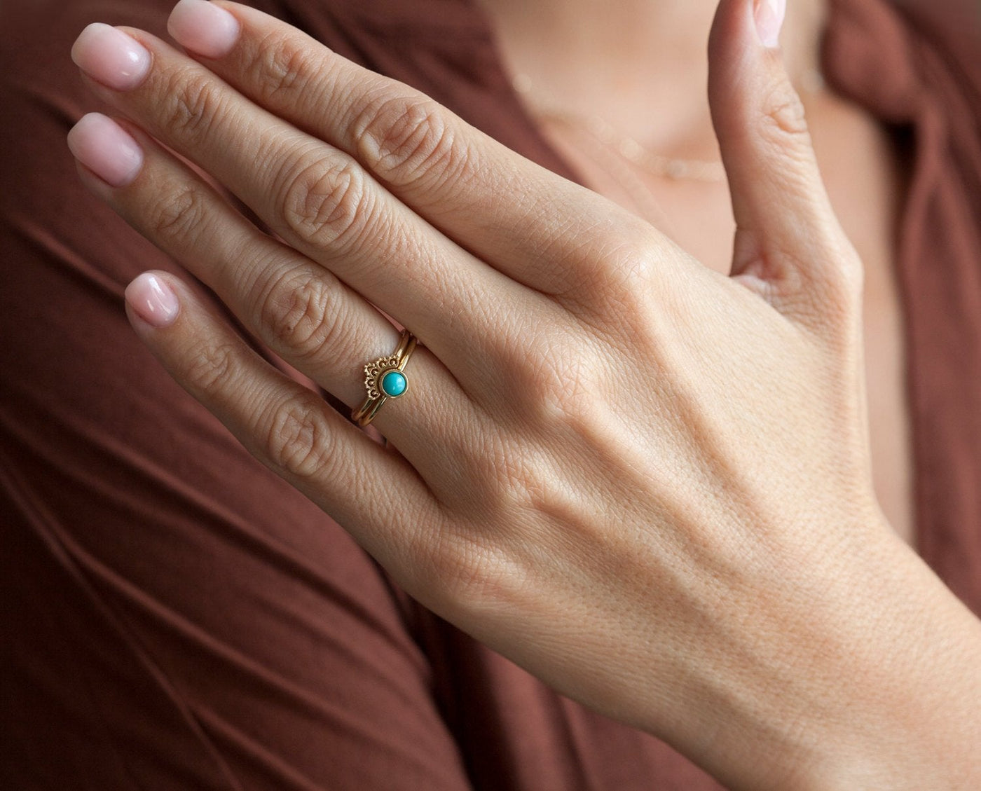 Blue Turquoise Ring With Matching Gold Lace Band