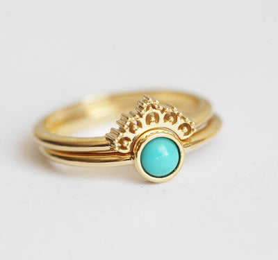 Blue Turquoise Ring With Matching Gold Lace Band