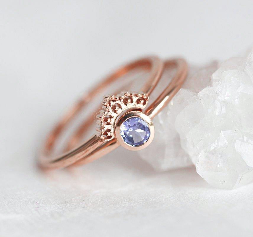 Blue Round Tanzanite Rose Gold Ring With Matching Gold Lace Band