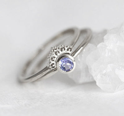 Blue Round Tanzanite White Gold Ring With Matching Gold Lace Band