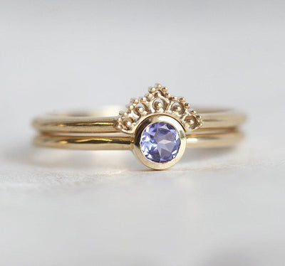 Blue Round Tanzanite Ring With Matching Gold Lace Band
